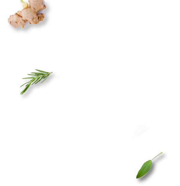 White background with leaves and ginger