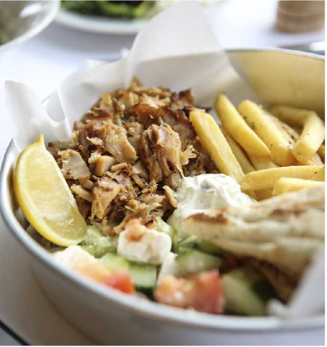 Yassas greek meal with meat and fries